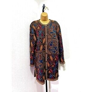 Vtg Southwestern Knit Cardigan Duster Coat Lge Long Boho Aztec Tribal Multicolor